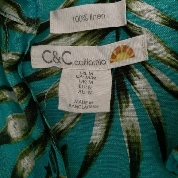 C & C CALIFORNIA Womens M 100% Linen Turquoise Button Up Shirt Tropical Leaves - Picture 7 of 8